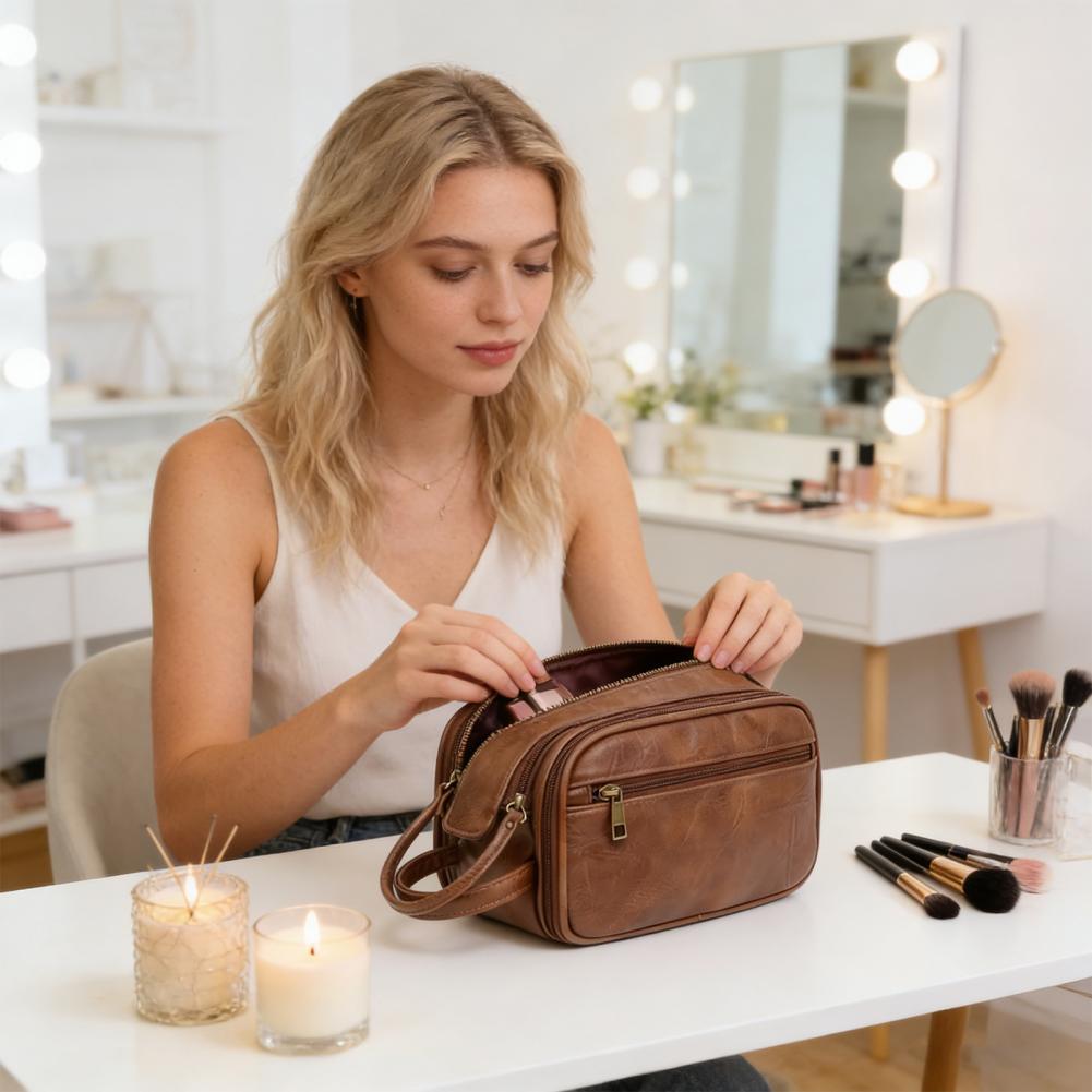 Men'S Grooming Organizer - Travel Makeup Bag Faux Leather Toiletry